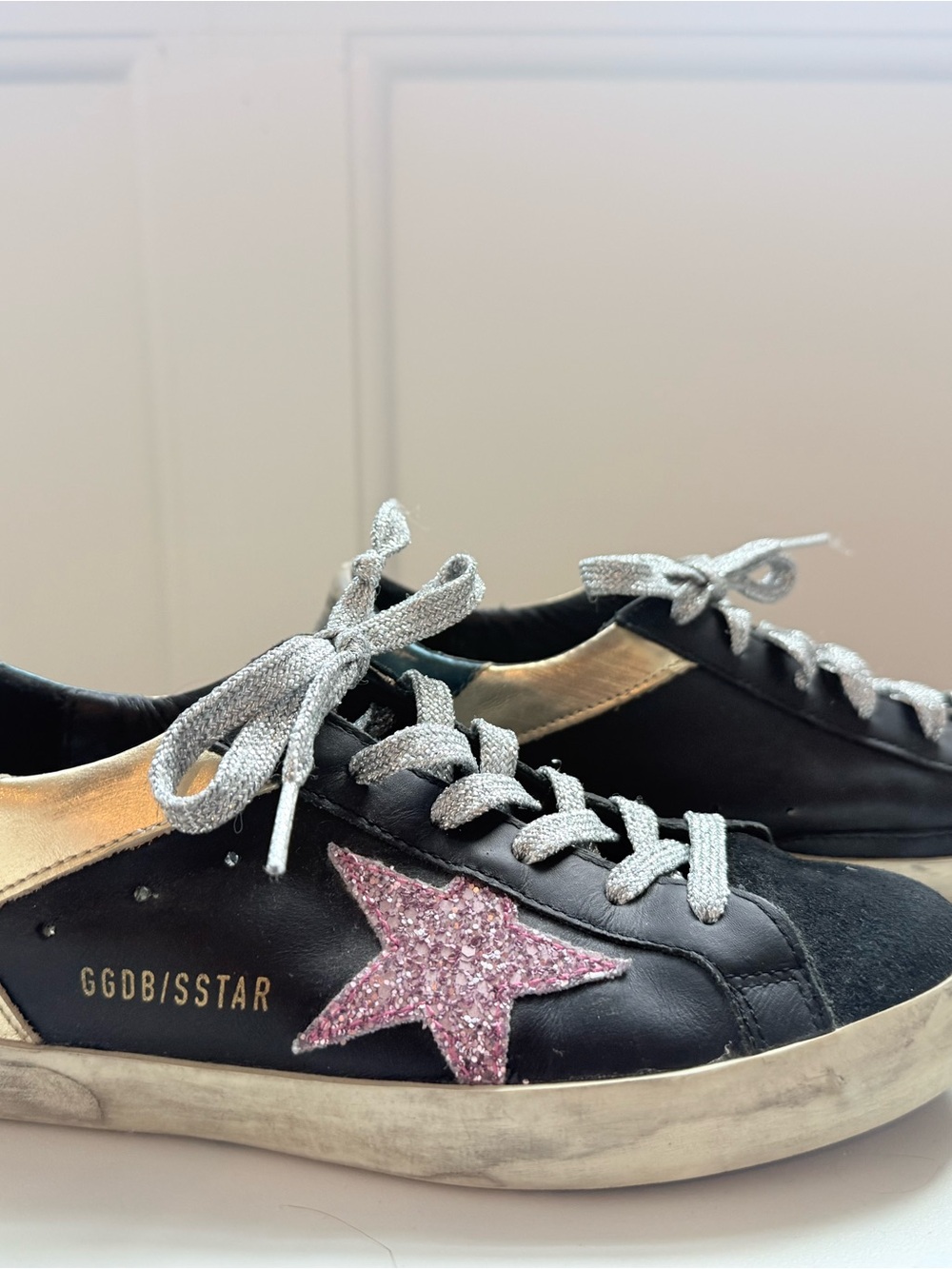 Golden Goose Black Leather Sneakers with Pink Glitter Star